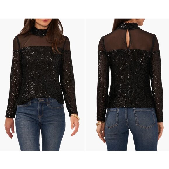 Vince Camuto Illusion Yoke Sequin Mick Neck Top Sz Small - NWT - Picture 2 of 9